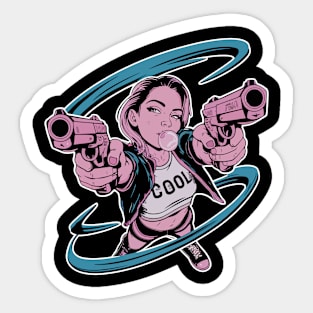 Badass Girl Blowing Bubble With Guns Pointed Up Sticker